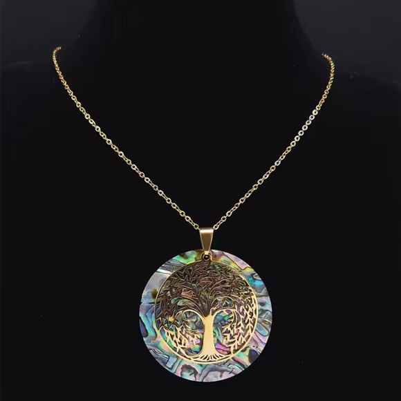 Tree of Life-Stainless Steel Natural Abalone Shell Necklace (Gold Color) - Picture 6 of 9